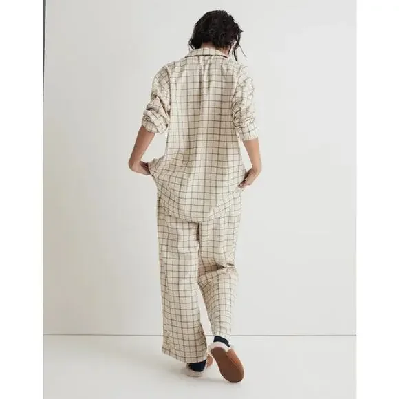 Madewell Plaid Flannel Long Sleeve Pajama Set Women’s Small Cream Lounge Cozy - Picture 3 of 15